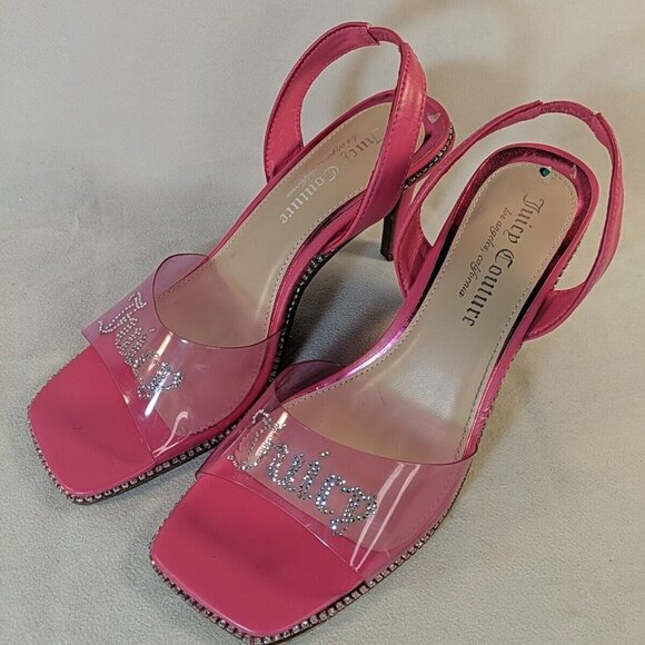 Juicy Couture Hot Pink Rhinestone Heels Clear 3" Heel Slingback Size 8 Logo Gems - Picture 1 of 16